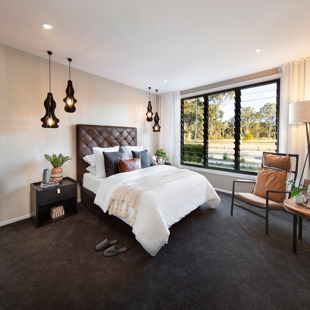 Design ideas for a contemporary master bedroom in Brisbane with beige walls, carpet, no fireplace and black floor.