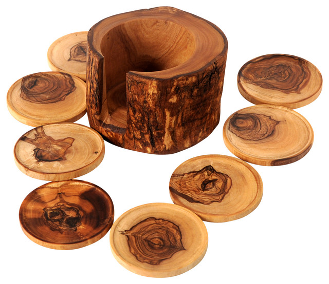 Handmade Olive Wood Coasters and Holder, Set of 8 - Rustic ...