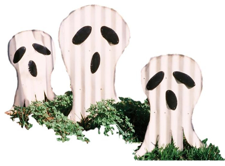 Rustic Corrugated Metal Ghost Yard Art 3-Piece Set Statue Decor White