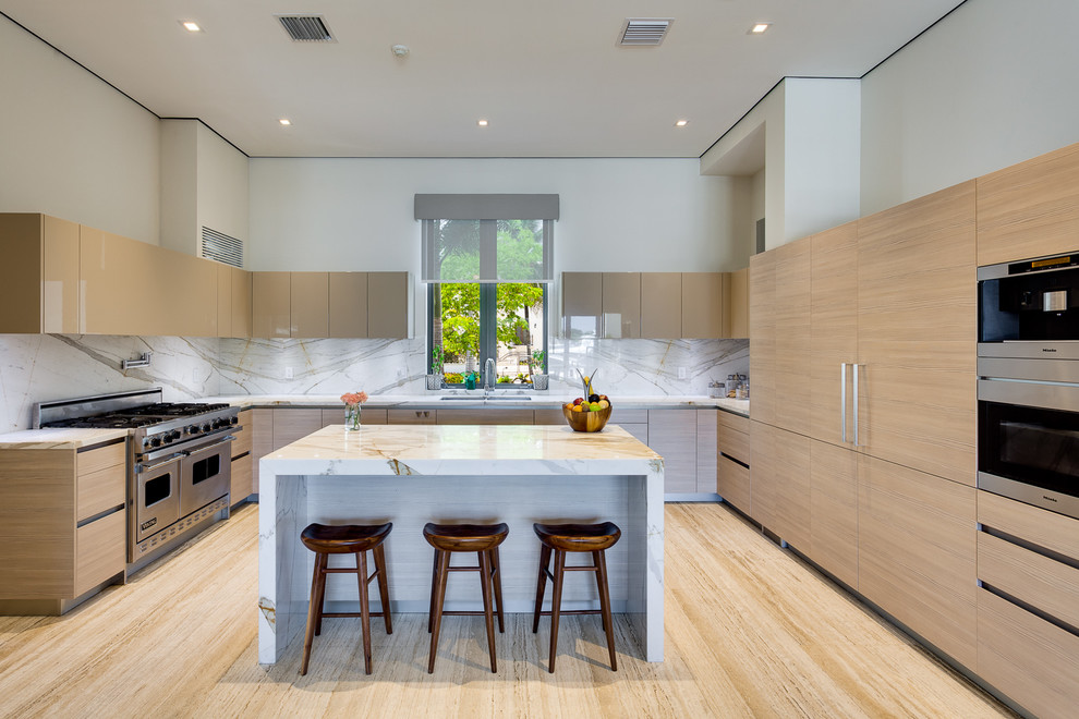 Photo of a large contemporary u-shaped kitchen in Miami with stainless steel appliances, an undermount sink, flat-panel cabinets, light wood cabinets, multi-coloured splashback, stone slab splashback, light hardwood floors, with island, beige floor and multi-coloured benchtop.