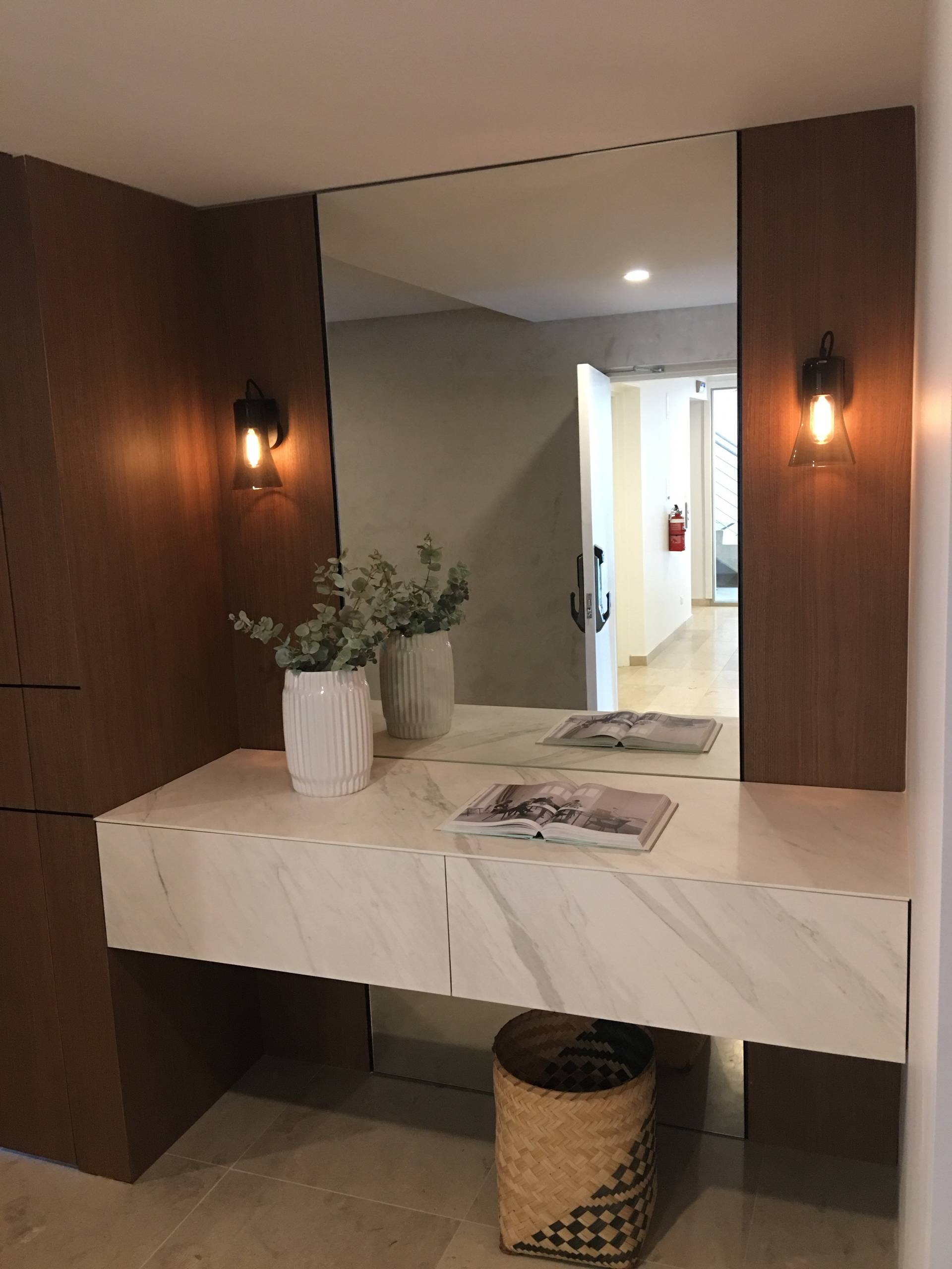porcelian credenza and hallway wall in persian walnut