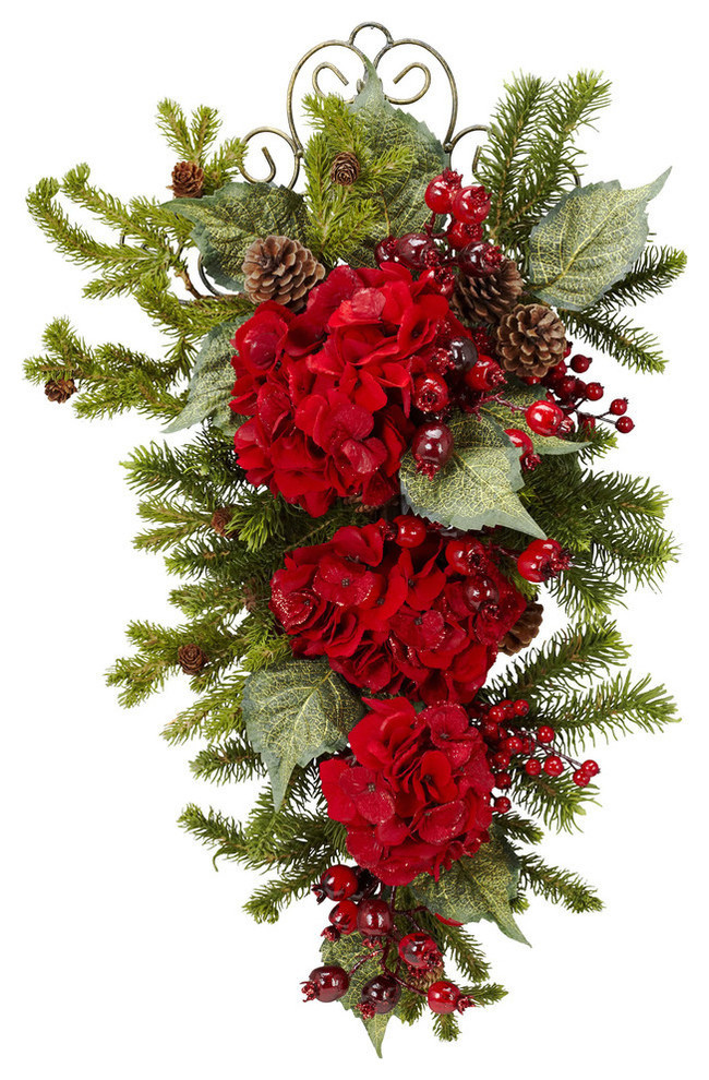 27" Christmas Hydrangea Teardrop, Red