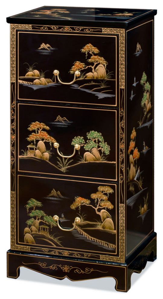 Black Lacquer Chinoiserie Scenery Motif 3 Drawer Oriental File