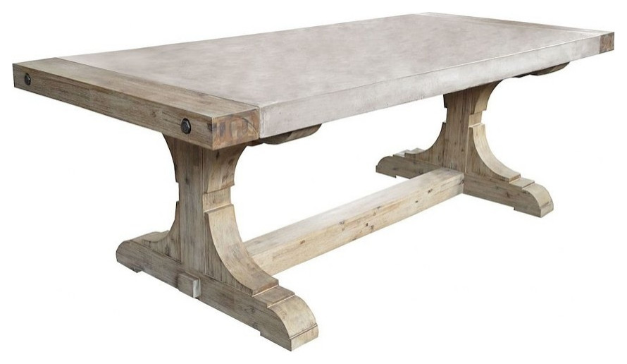 Modern Rustic Wood and Concrete Top Dining Table in Waxed Atlantic Hand