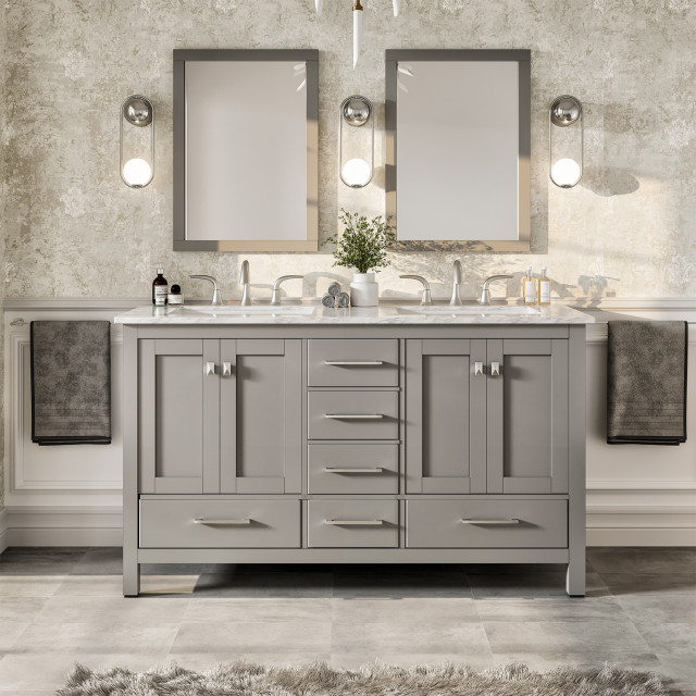 Eviva Aberdeen Gray Transitional Double Sink Vanity With White Carrara ...