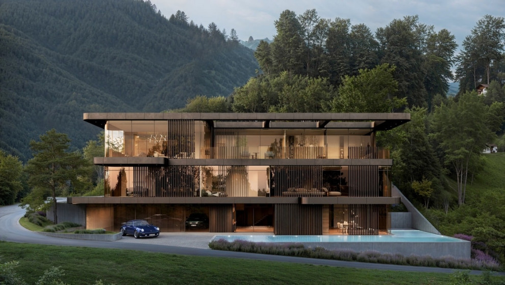 Архитектурная визуализация трёхэтажного загородного дома в окружении природы.