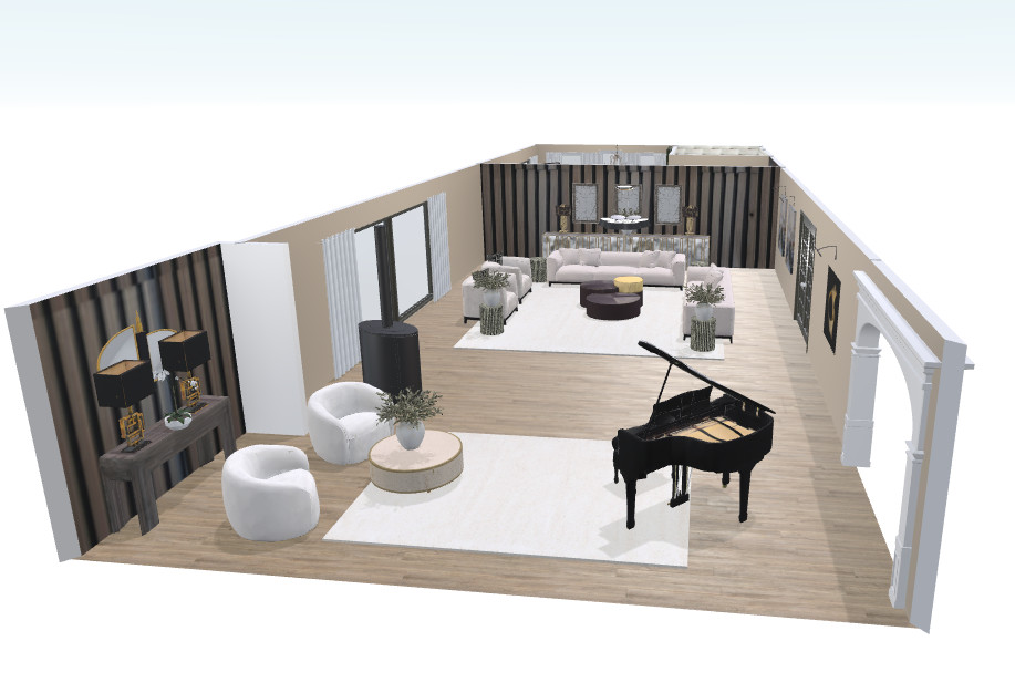 Luxury living room 3D design with contemporary fireplace, grand piano, feature wall panelling and elegant neutral furnishings by Lucia Victoria Interiors