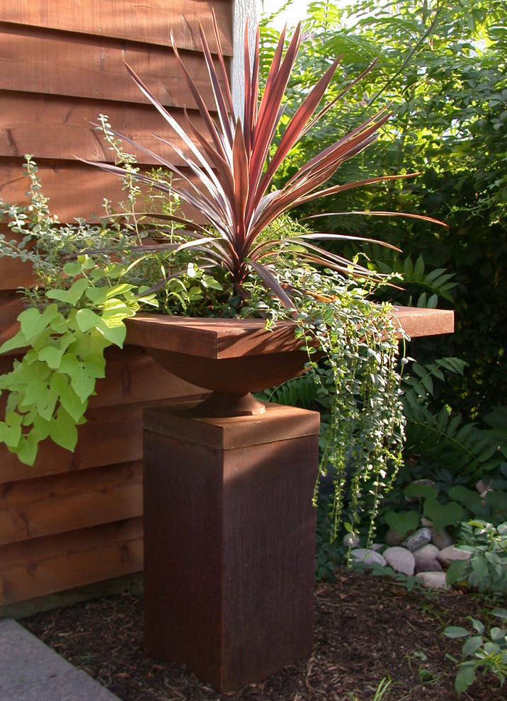 This is an example of a mid-sized modern backyard partial sun garden for spring in San Francisco with a container garden and mulch.