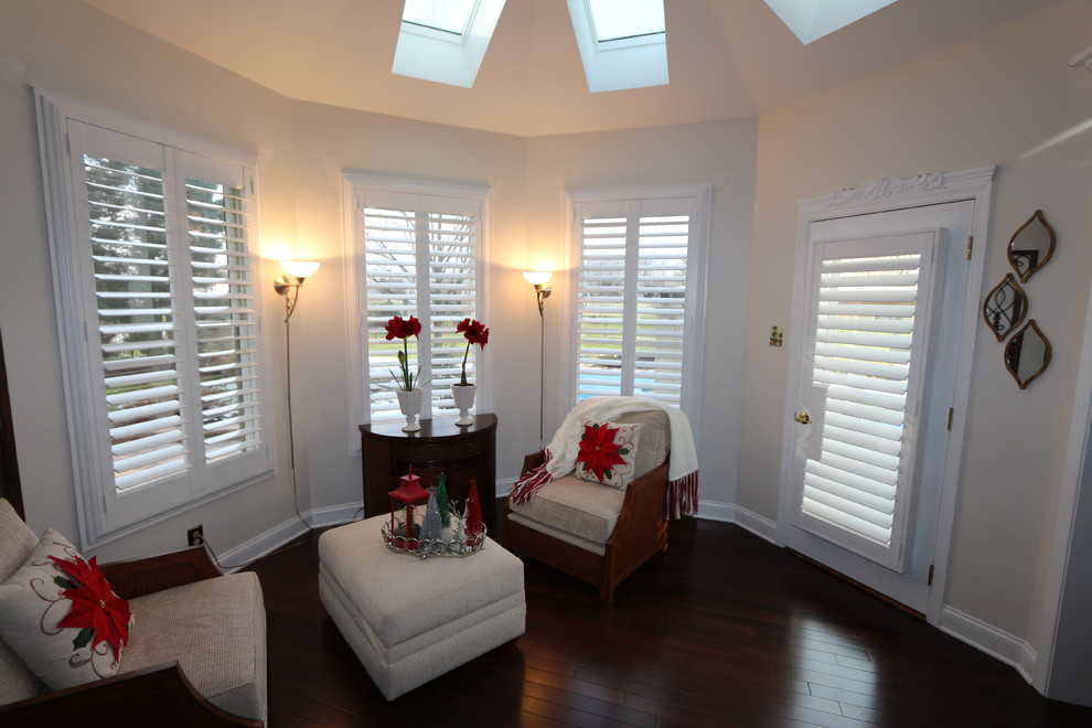 Inspiration for a transitional sunroom in Philadelphia with dark hardwood floors and brown floor.