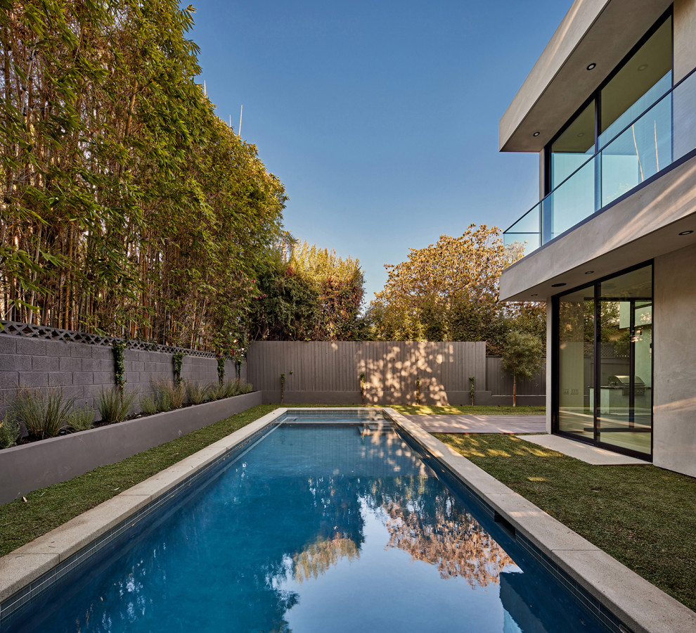 This is an example of a mid-sized modern backyard rectangular lap pool in Los Angeles with with privacy feature and concrete slab.