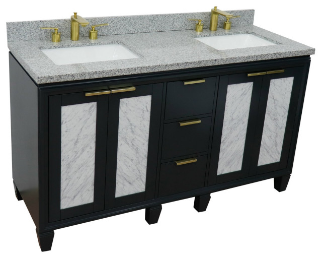 61" Double Sink Vanity, Dark Gray Finish With Gray Granite And ...