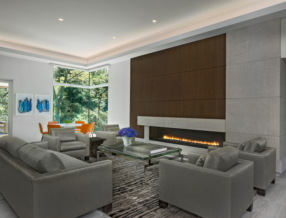 Inspiration for a contemporary living room in Detroit with white walls, a ribbon fireplace and grey floor.