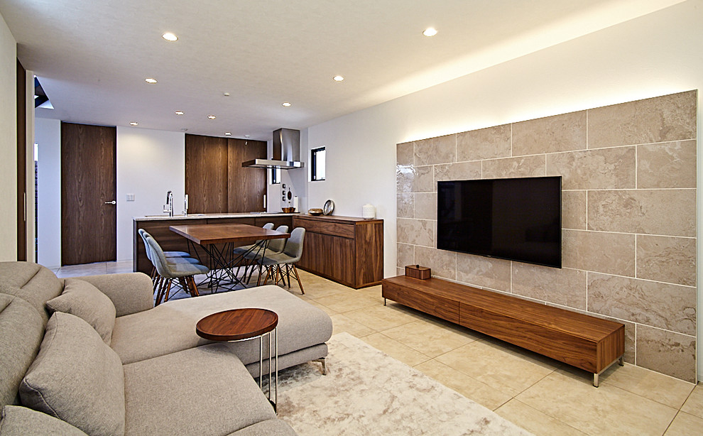 Mid-sized contemporary formal open concept living room in Tokyo Suburbs with white walls, porcelain floors, no fireplace, a wall-mounted tv and beige floor.