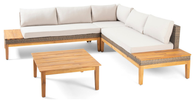 Wicker 5 Seater Sectional Sofa Set, Acacia Wood Outdoor Sofa Set