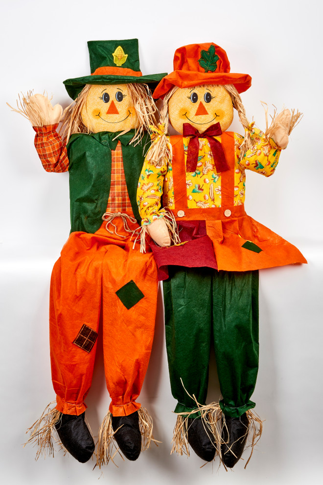 60" Life Size Sitting Scarecrow Boy And Girl Couple, Set of 2 Modern