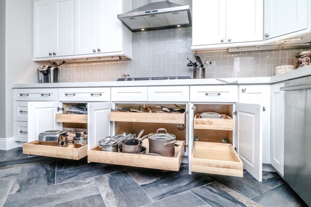 Dove Shaker Cabinets Quartz Countertops Transitional Kitchen
