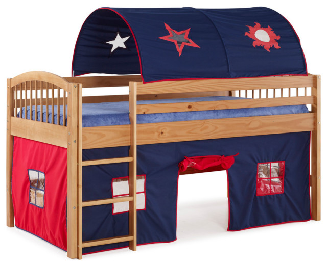 Addison Wood Junior Loft Bed; Blue and Red Playhouse Tent, Cinnamon
