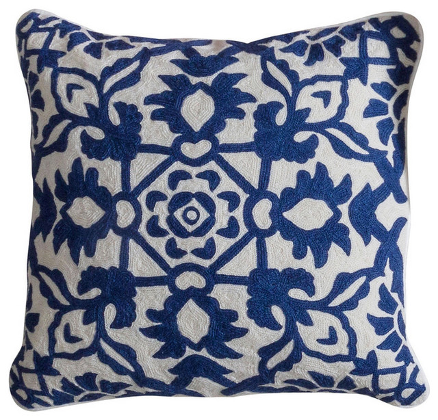 Caroline Pillow - Navy, Hand Embroidered Wool On Cotton, Down Feather Insert - Traditional ...