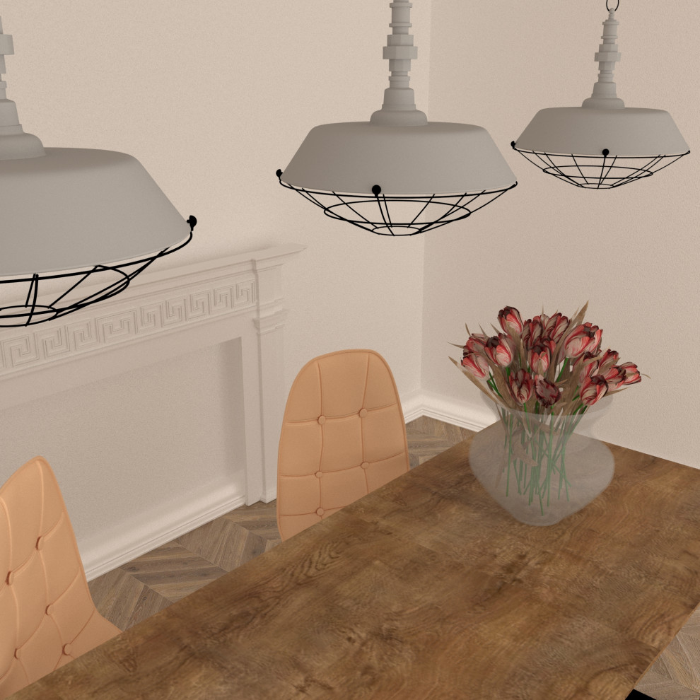 Дизайн столовой зоны с камином в греческом стиле