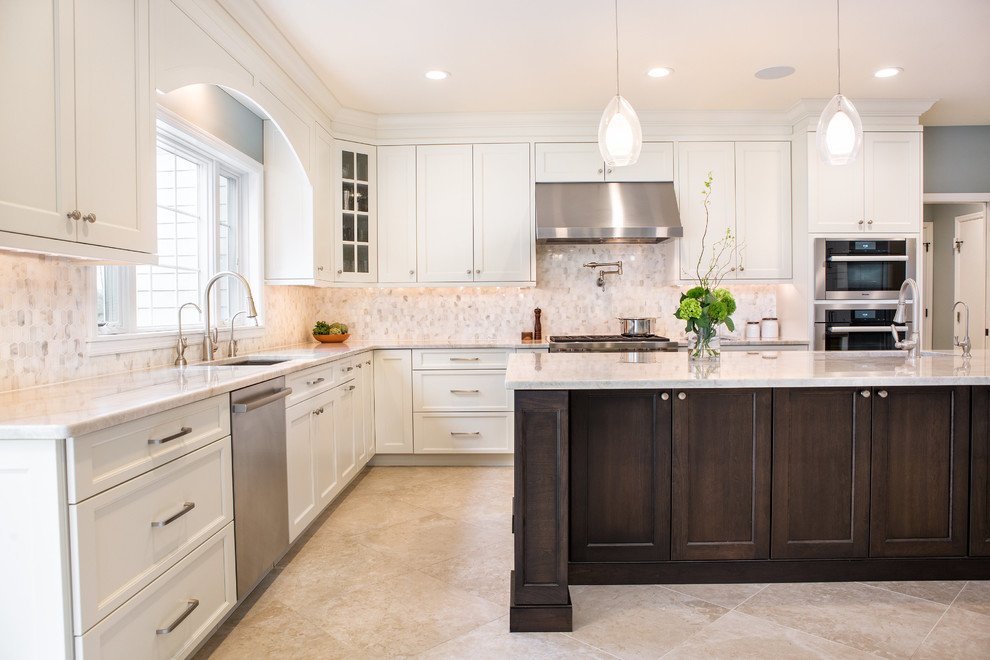 Design ideas for a large transitional eat-in kitchen in New York with an undermount sink, flat-panel cabinets, white cabinets, quartzite benchtops, white splashback, marble splashback, stainless steel appliances, with island, beige floor and beige benchtop.