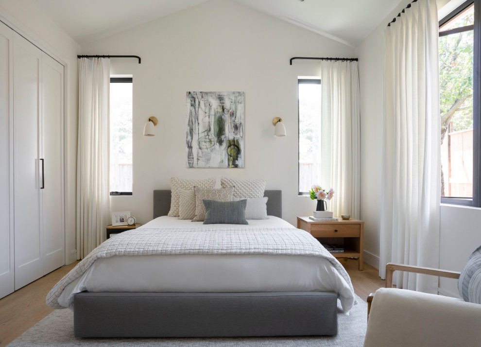 Пример оригинального дизайна: хозяйская спальня среднего размера в современном стиле с белыми стенами и светлым паркетным полом