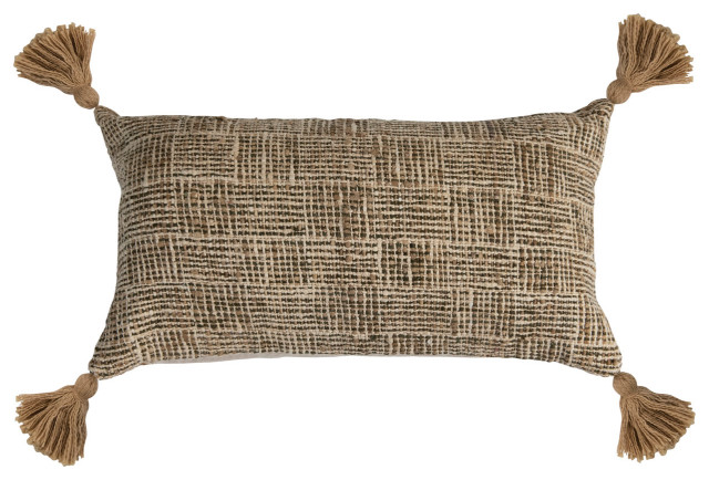 Woven Cotton Blend Lumbar Pillow With Tassels and Chambray Back, Multi Color