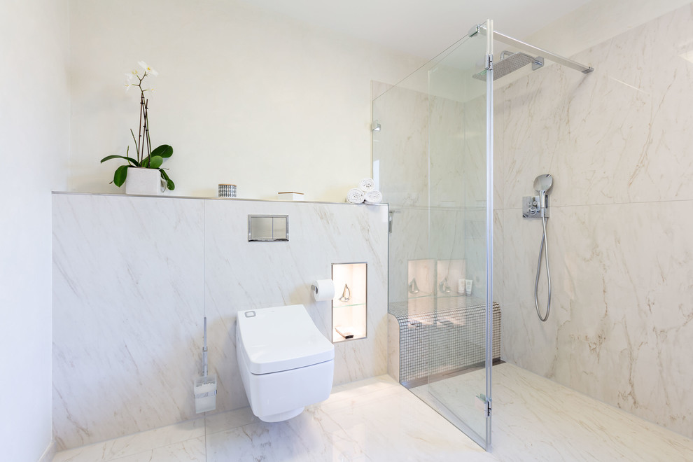 Inspiration for a medium sized contemporary shower room bathroom in Munich with brown cabinets, a built-in shower, white tiles, marble tiles, white walls, marble flooring, white floors and an open shower.