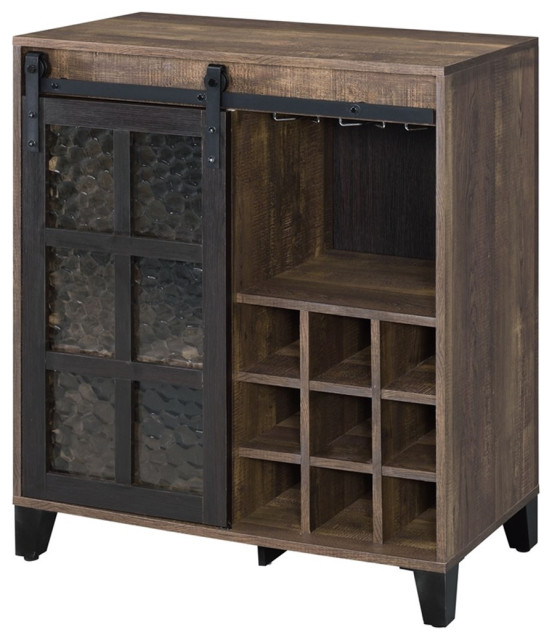 Bowery Hill Wooden Wine with Glass Door in Rustic Oak and Black