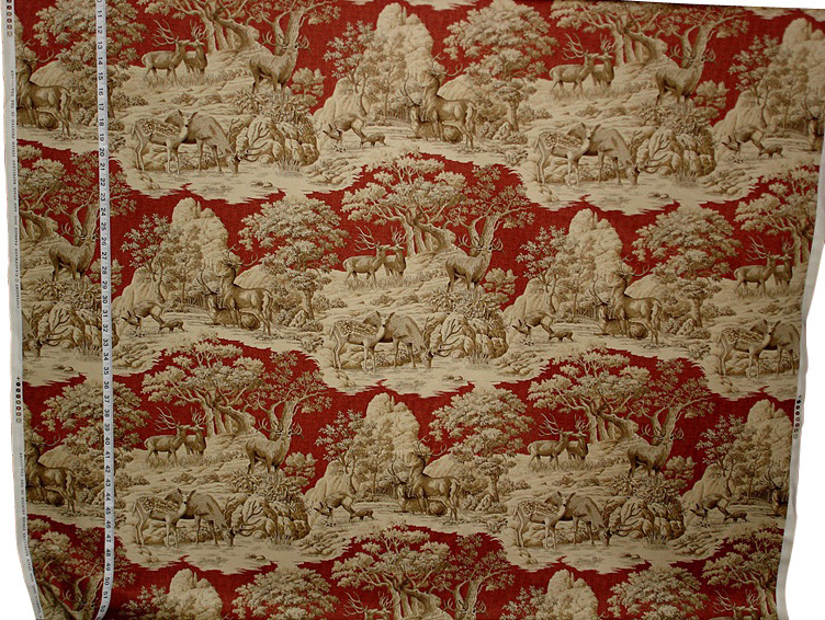 Deer Fabric Red Toile Woods Nature Woodland Lodge Rustic Drapery