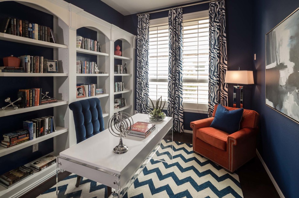 Mid-sized transitional study room in Dallas with blue walls, no fireplace and a freestanding desk.