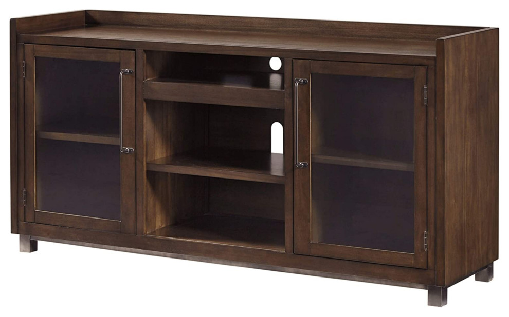 Transitional TV Stand, Glass Doors With Gunmetal Pull Handles