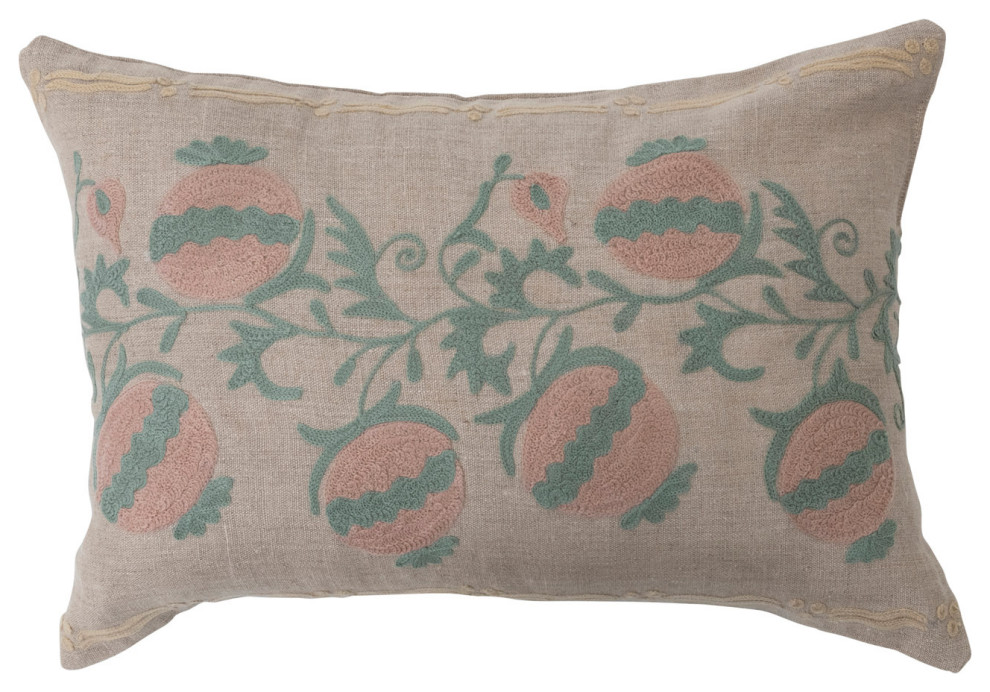Cotton Chambray Lumbar Pillow With Embroidery