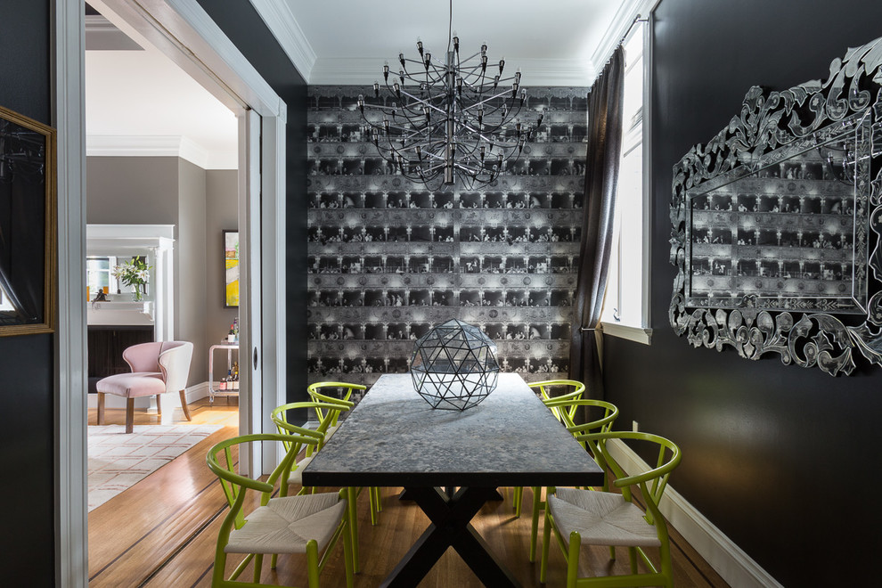 Inspiration for a transitional separate dining room in San Francisco with black walls and medium hardwood floors.