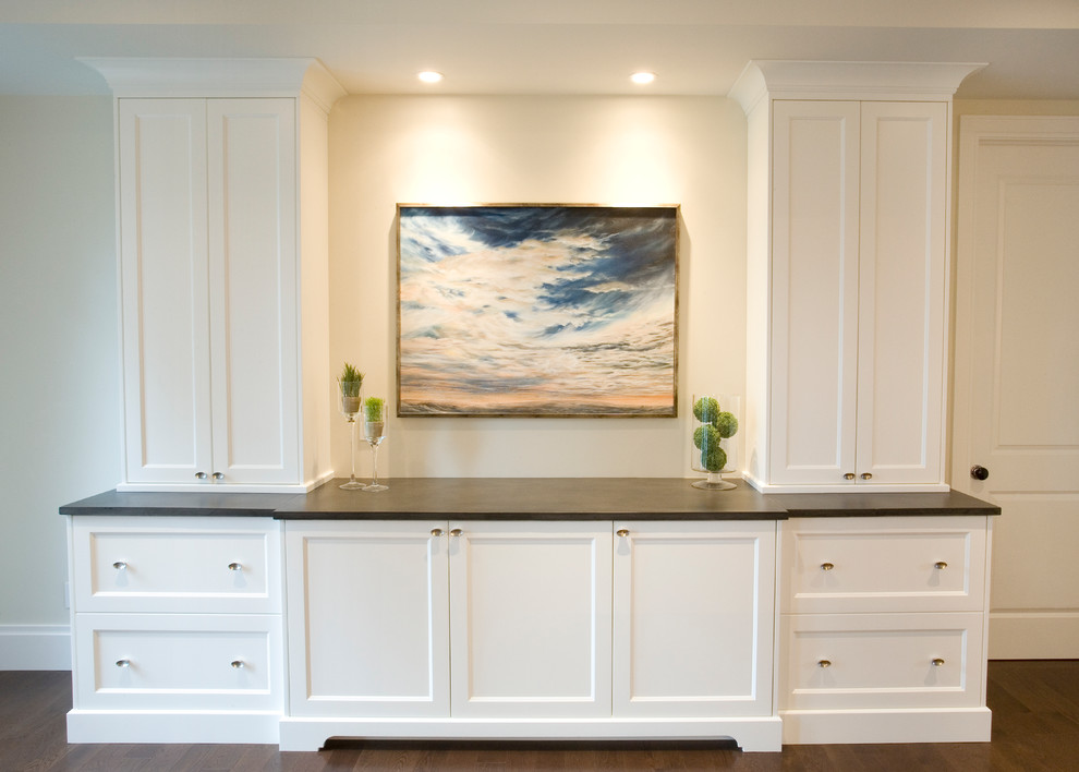 Large transitional medium tone wood floor eat-in kitchen photo in Calgary with recessed-panel cabinets, white cabinets, quartz countertops, an island, multicolored backsplash, mosaic tile backsplash, stainless steel appliances and an undermount sink