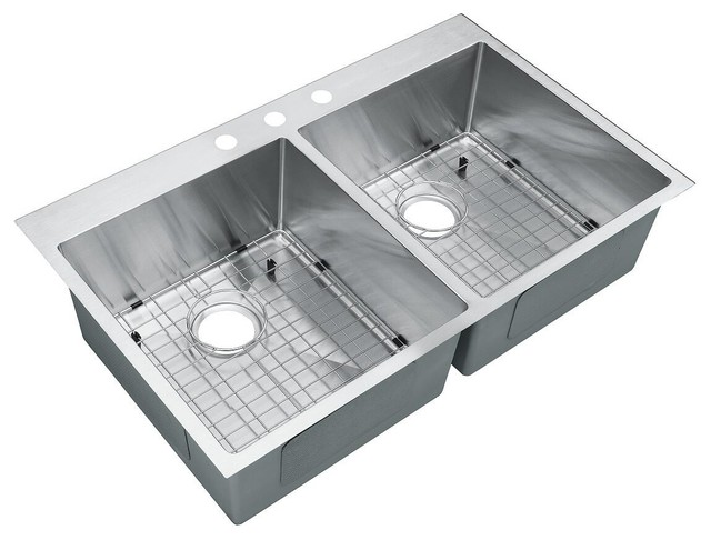 Top Mount Drop In Stainless Steel Double Bowl Kitchen Sink With Grids 36 X22 X9