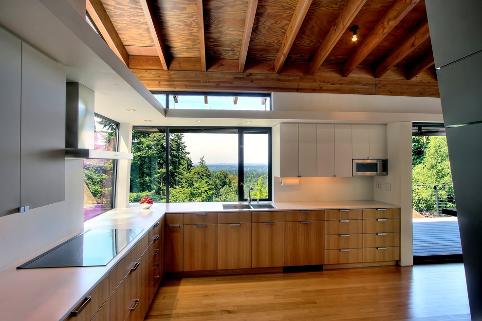 Inspiration for an industrial kitchen in Seattle with a double-bowl sink and flat-panel cabinets.