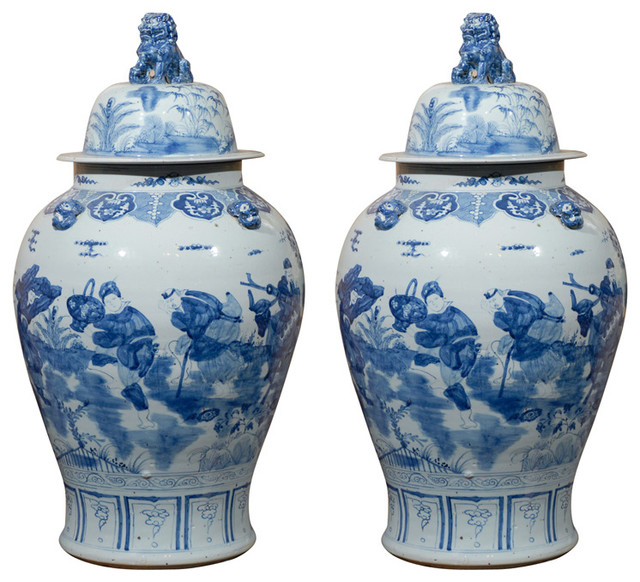 Consigned Blue and White Vases with Lids Asian Home Decor by