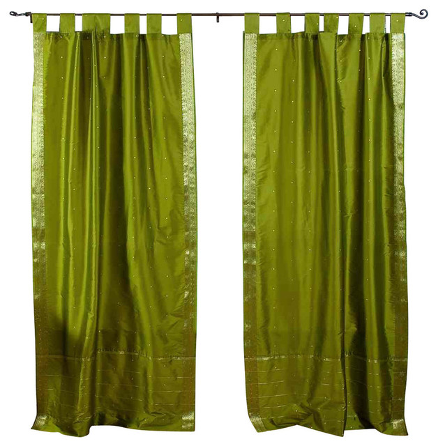 Olive Green  Tab Top  Sheer Sari Curtain / Drape / Panel   - 43W x 63L - Pair