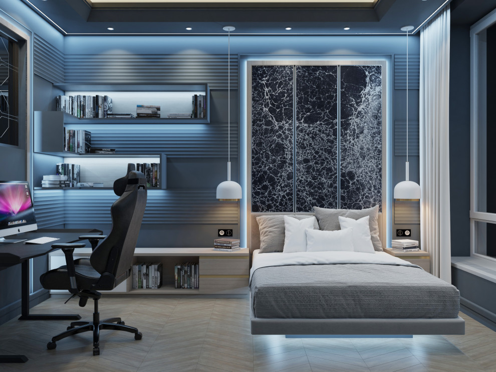 Idéer för ett mellanstort modernt barnrum kombinerat med sovrum, med blå väggar, mellanmörkt trägolv och beiget golv