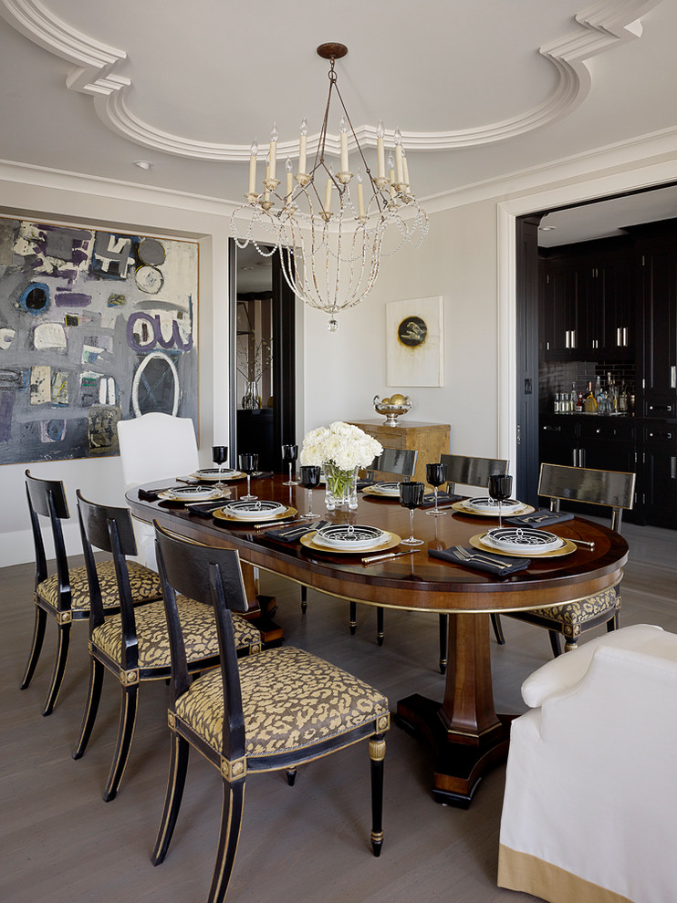 Design ideas for a traditional dining room in San Francisco with white walls and dark hardwood floors.