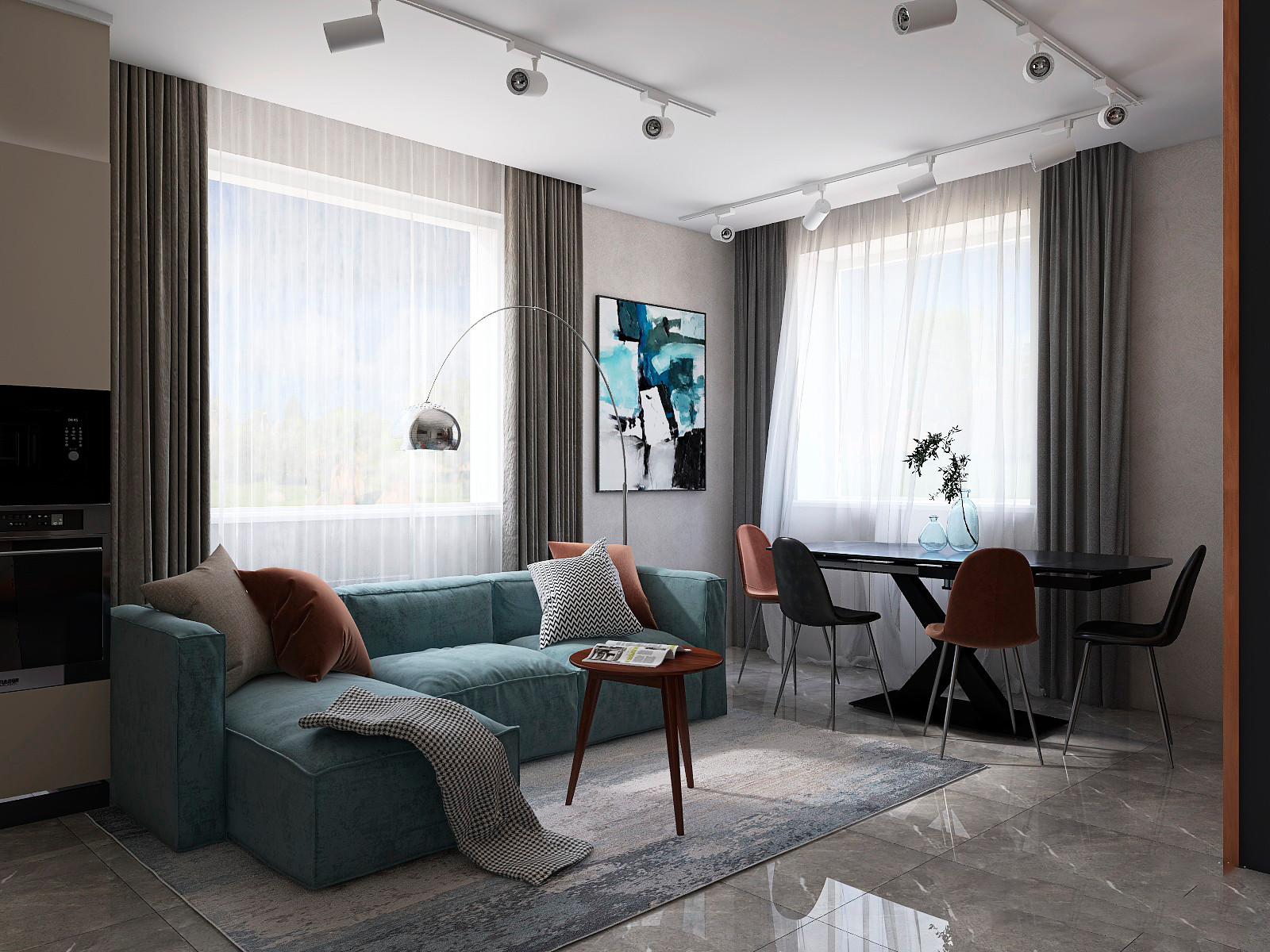 Холостяцкая гостиная 35 м2 в загородном доме