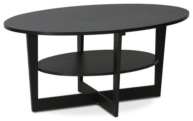 Modern Coffee Table Walnut Finished Composite Wood Open Shelf Oval Design Modern Coffee Table Walnut Finished Composite Wood Open Shelf Oval Design