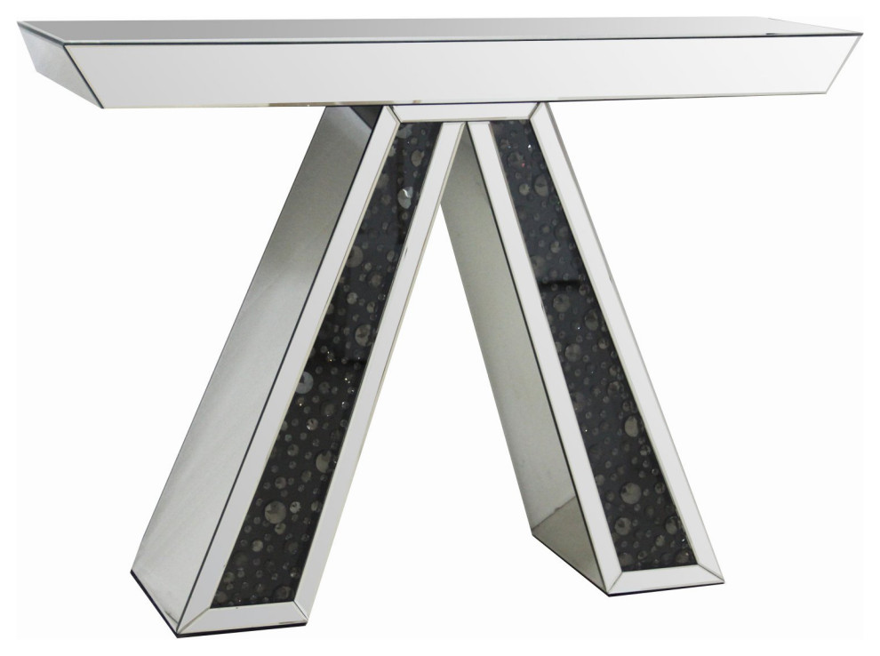 Mirrored Console Table, Reverse V-Shaped Base With Black Faux Crystal Accents