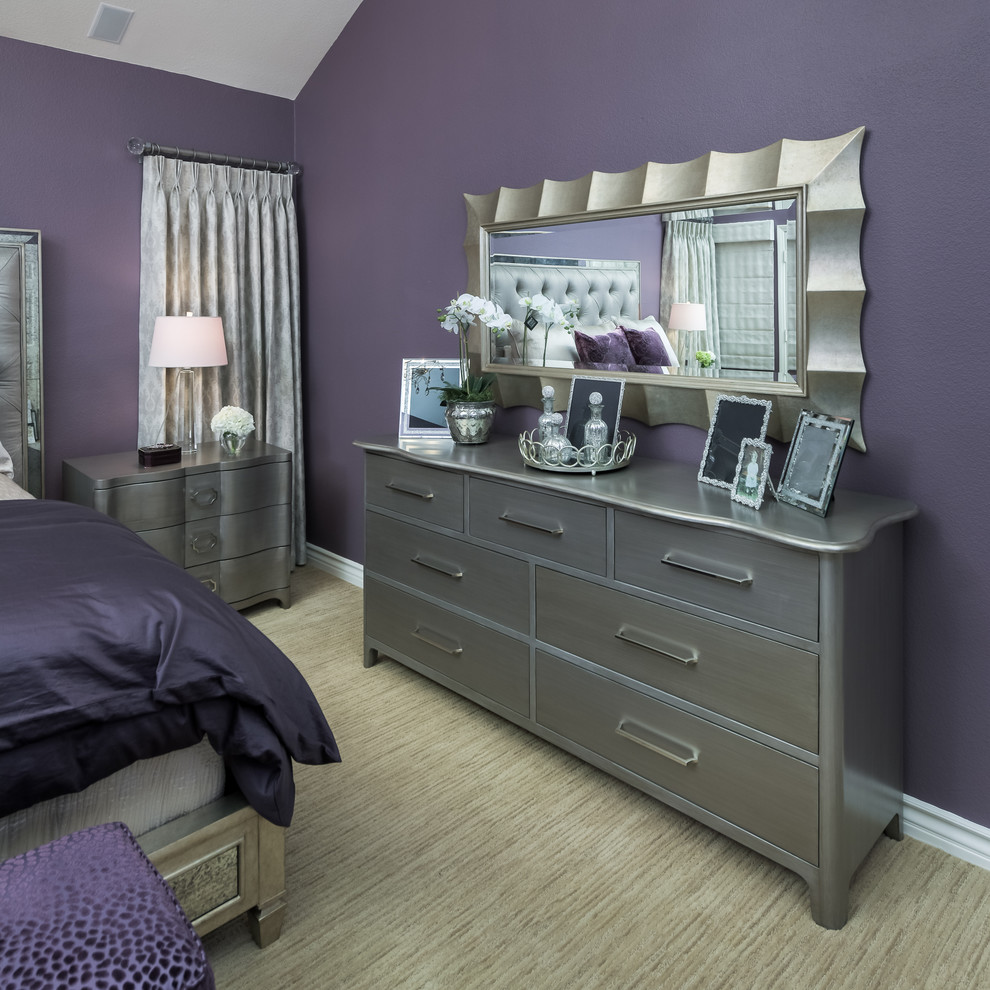 Inspiration for a large transitional master bedroom in Los Angeles with purple walls and no fireplace.