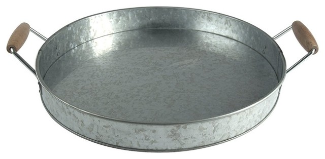 Benzara Round Galvanized Metal Serving Tray With Wooden Handles Gray Farmhouse Trays By Woodland Imprts The Urban Port Houzz Benzara Round Galvanized Metal Serving, Metal Round Tray With Handles
