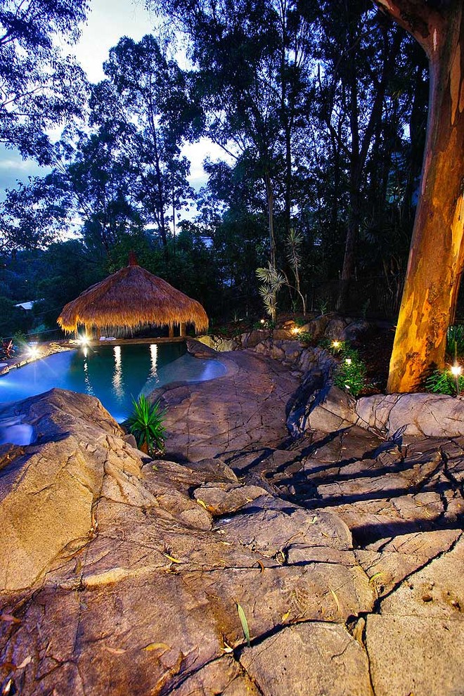 Photo of a mid-sized tropical front yard custom-shaped natural pool in Brisbane with a water slide and stamped concrete.