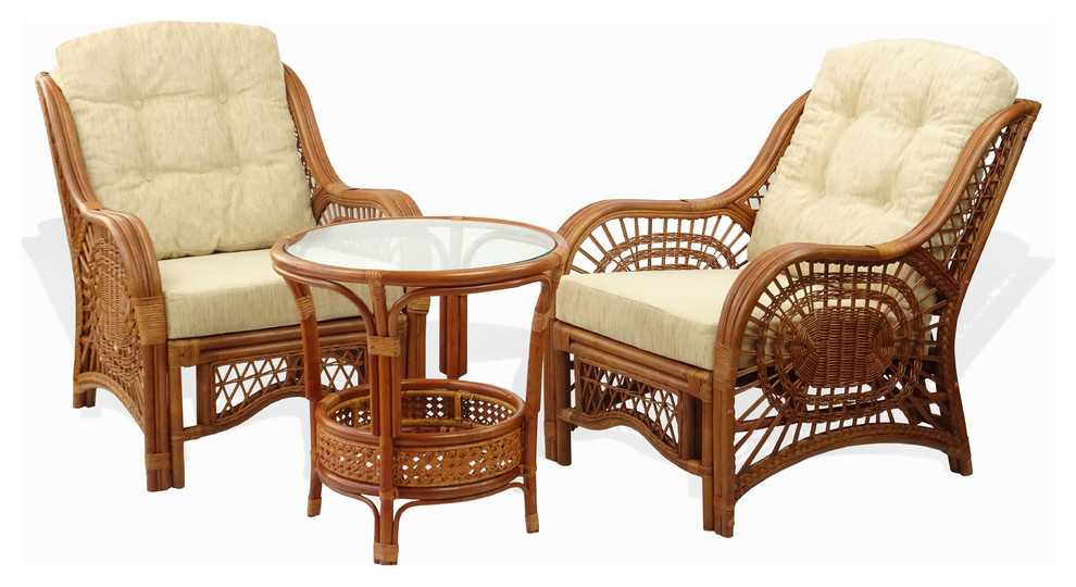 Malibu 3-Piece Rattan Wicker Living Room Set With Cushions - Tropical
