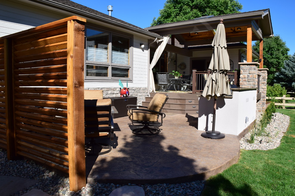 Inspiration for a mid-sized transitional backyard outdoor kitchen deck remodel in Denver with a roof extension