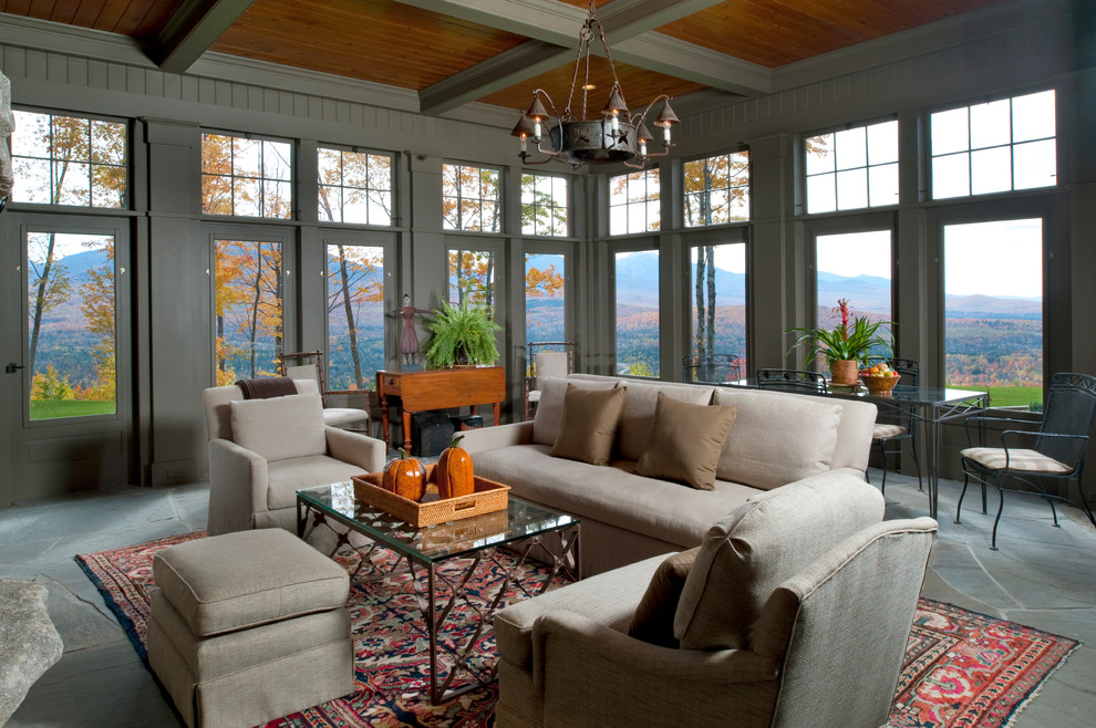 Design ideas for a large traditional sunroom in Boston with slate floors and a standard ceiling.