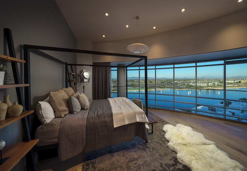 Inspiration for a modern master bedroom in Phoenix with grey walls and light hardwood floors.